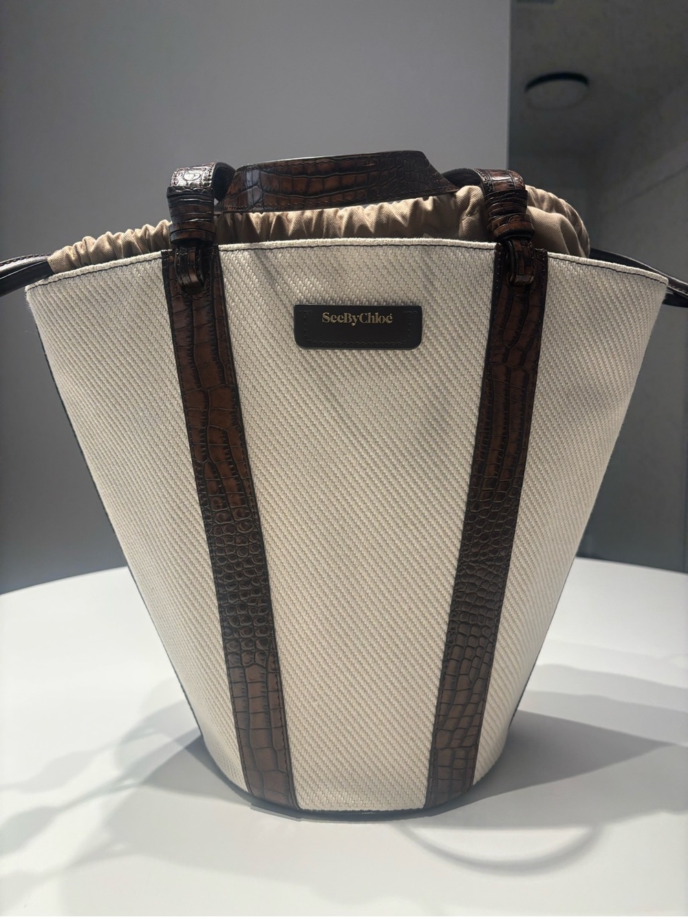 See By Chloe Cream Canvas Tote with Brown Croc-Texture Trim and Handles